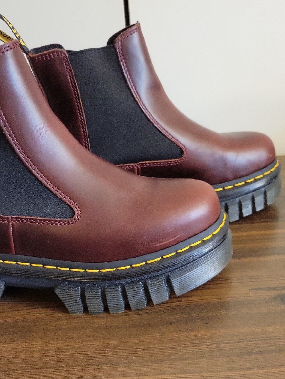 Dr. Martens Women's Leather Chelsea Boots in Burgundy with Yellow Stitching - Picture 8 of 9